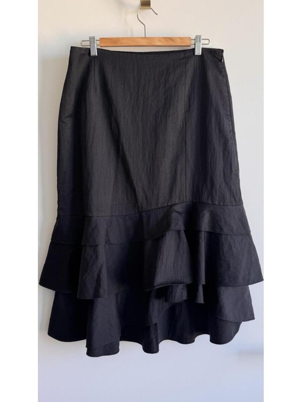 Samuel Dong Black Ruffle Hem Midi Skirt Size L Cotton Nylon Layered
